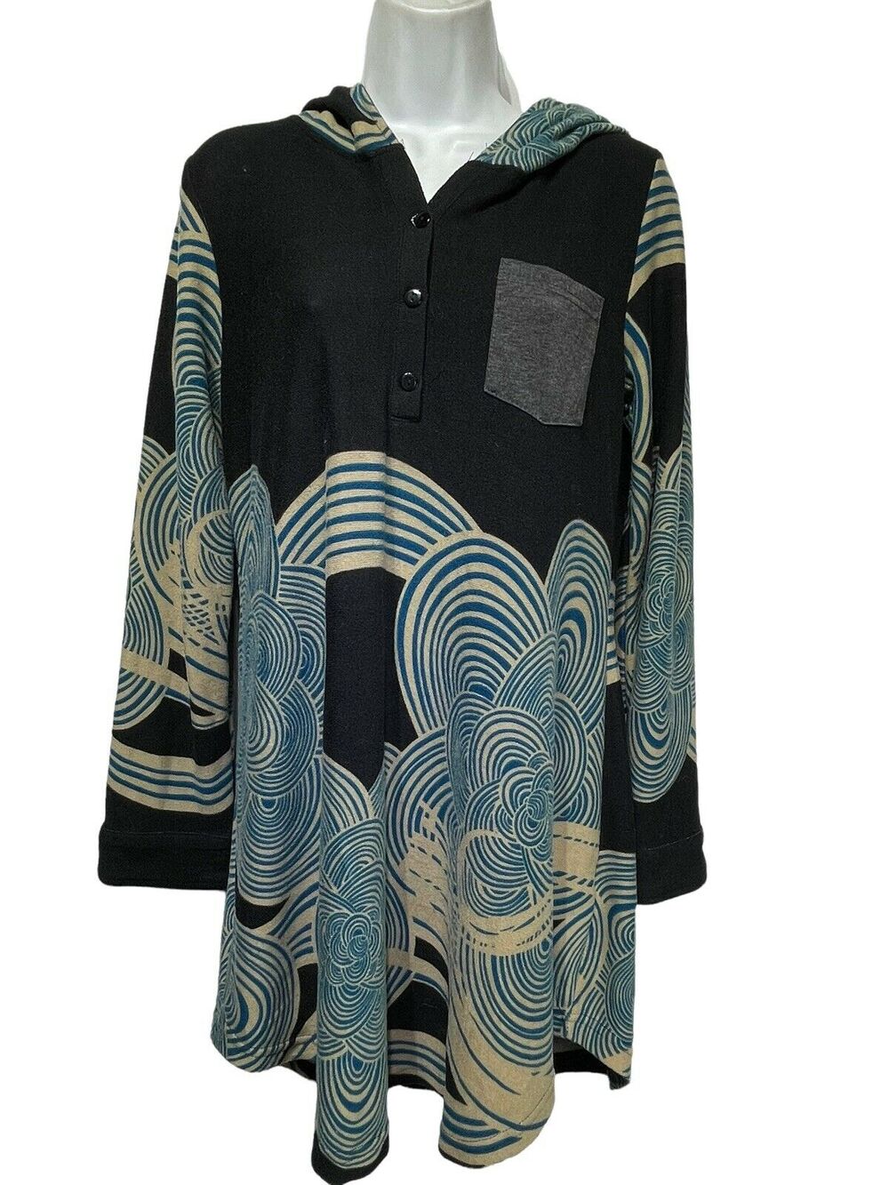 reborn blue gray swirl long sleeve 3/4 button hooded dress Size M